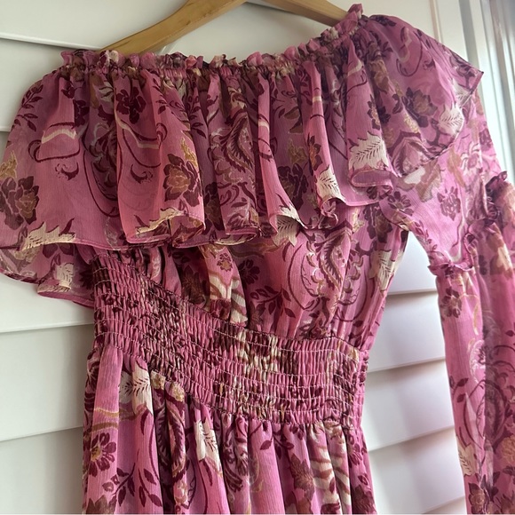 MISA Los Angeles Pink Floral Vola One Shoulder Ruffle Midi Dress - Size S - Picture 8 of 8